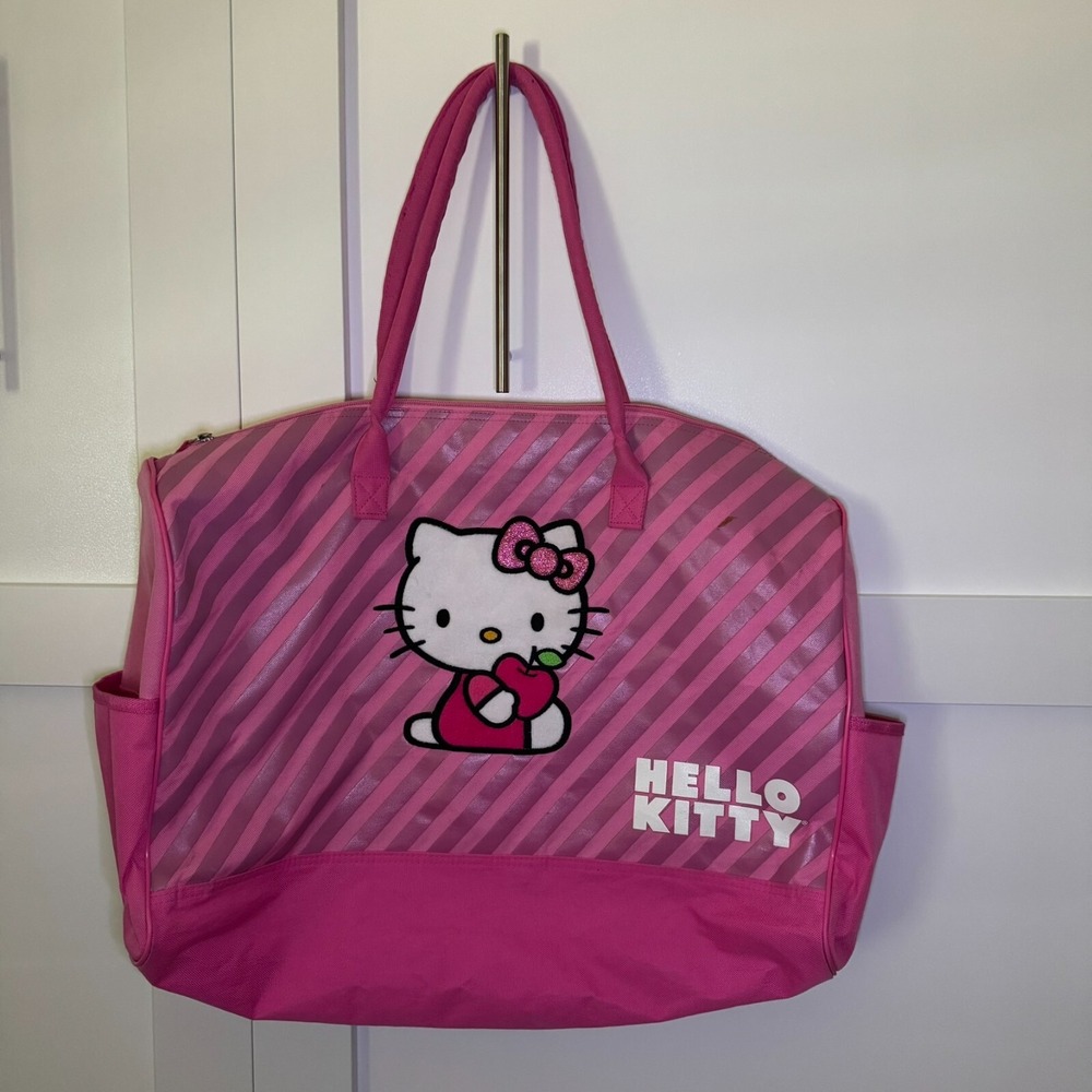 Vintage 2009 Hello Kitty Sanrio Duffle Bag Weekender Over Night Pink Stripes
